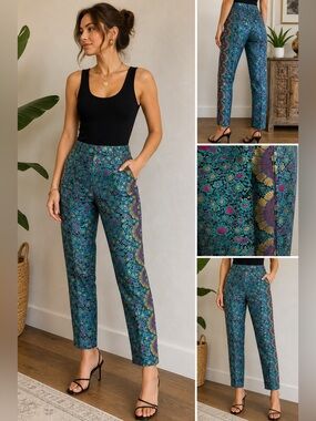 Anthropologie Essential Slim Jacquard Floral Pants Size 4 Statement Trousers
